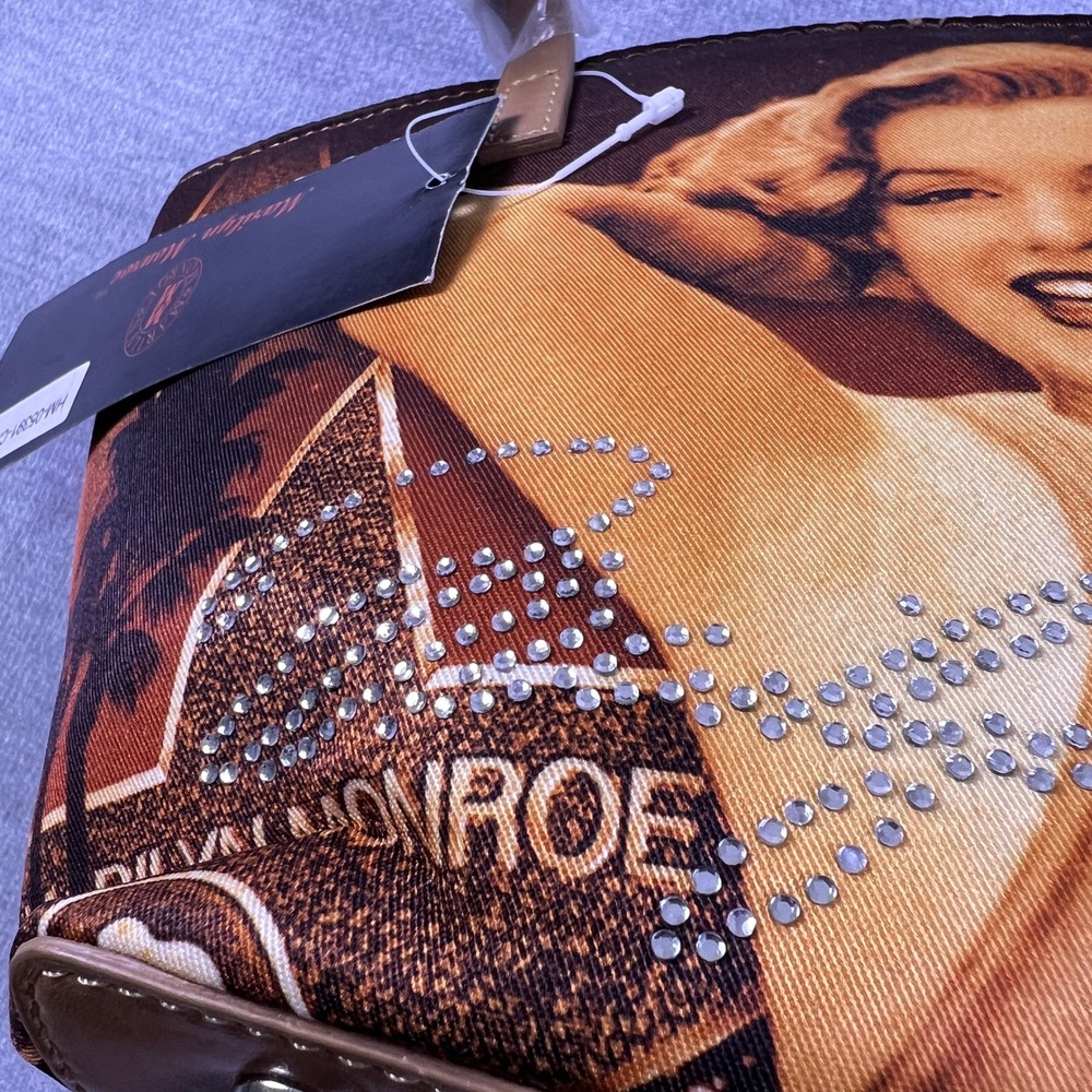 Marilyn Monroe Rhinestone Graphic Mini Satchel Handbag Womens Small Camel Brown - Picture 7 of 8